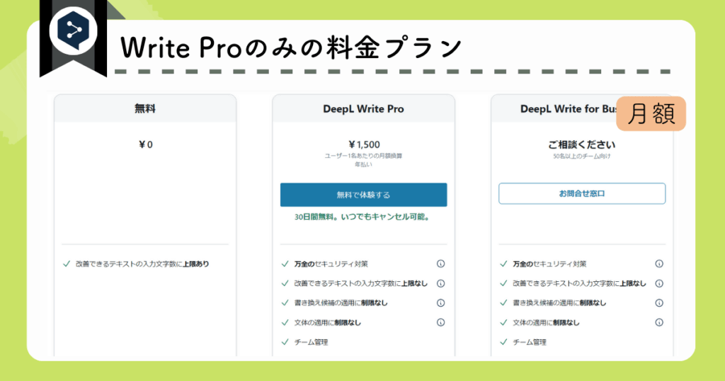 DeepL Write proのみの料金プラン