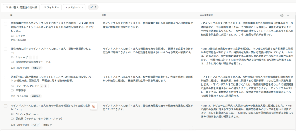 Elicitの検索結果画面（日本語に翻訳版）