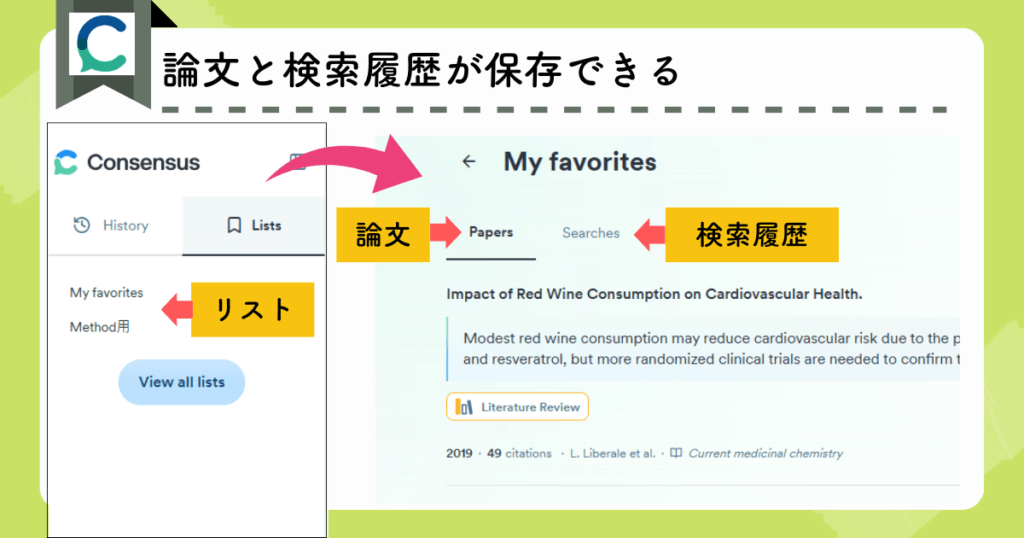 Consensusの機能：論文と検索履歴を保存できる