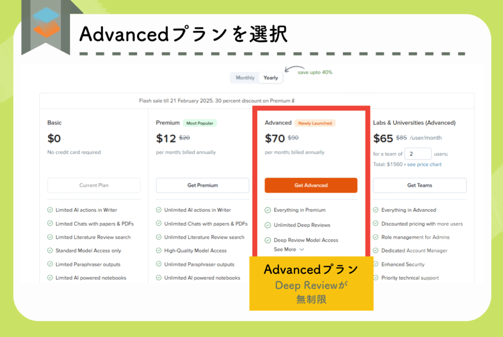 SciSpaceのAdvancedプランを選択